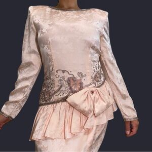 A.J. Bari Vintage Women’s 8 Pink Satin Beaded Bow Ruffle Slit Dress Midi